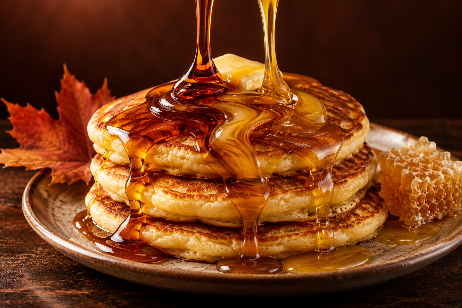 Golden pancakes with a maple syrup and honey blend