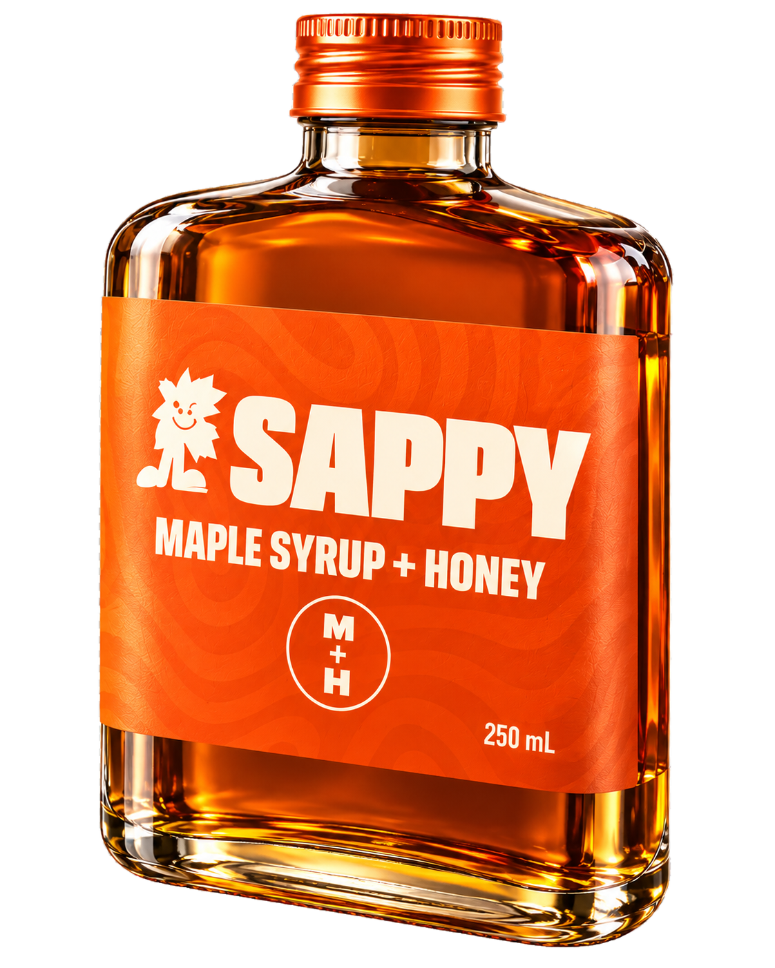 Sappy maple syrup and honey bottle with an orange cap and label